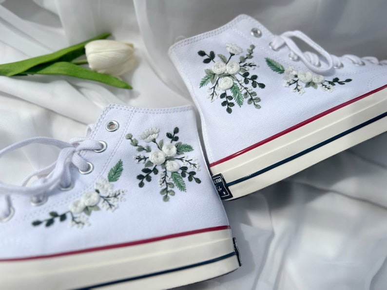 White Flower  Embroidered Converse