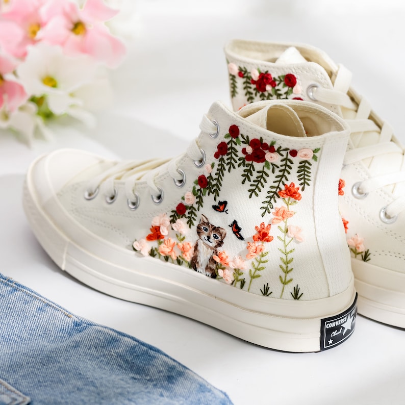 Wedding Flowers and Cat Embroidered Converse Shoes