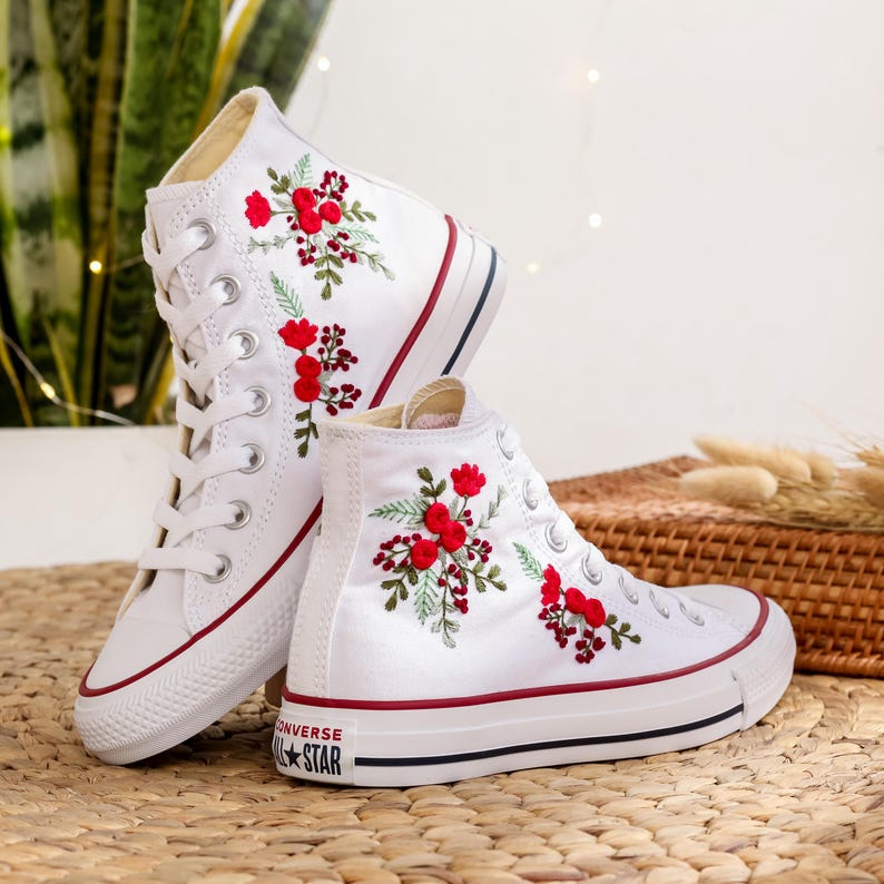 Red Rose Berry Converse Embroidery