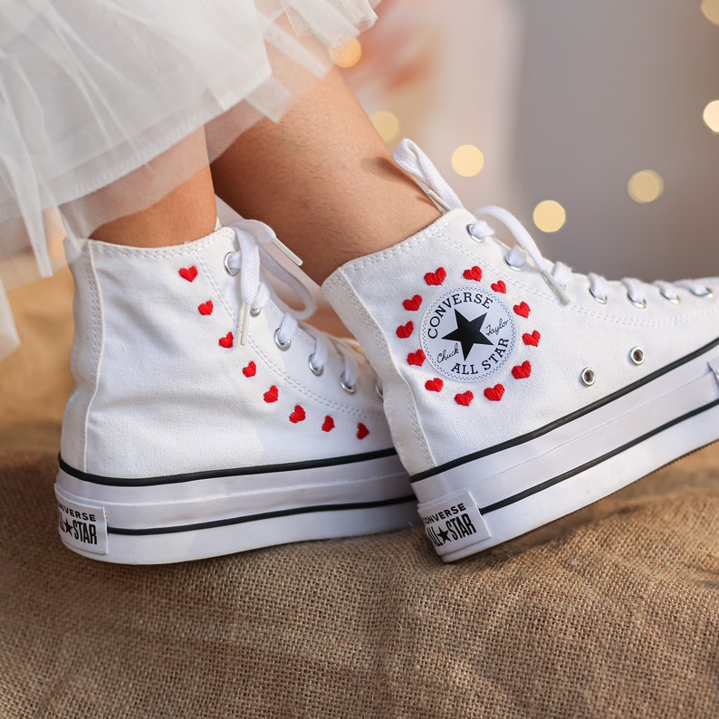 Red Hearts Line Converse Embroidery