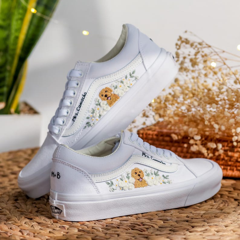 Pet Embroidered Wedding Vans, White Rose Embroidered