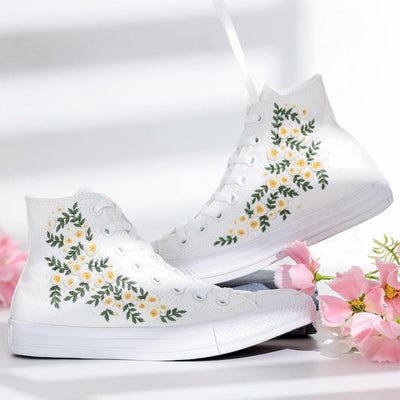 White Floral Embroidery Converse Shoes