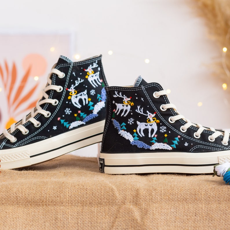 Custom Converse High Tops Embroidered Reindeer Christmas