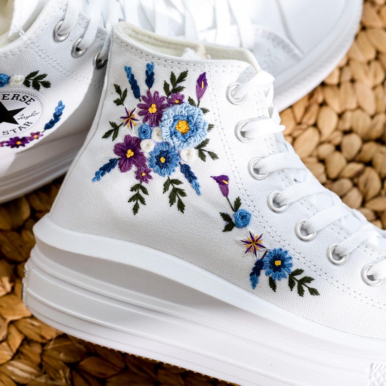 Blue Purple Floral Wedding Converse Embroidery
