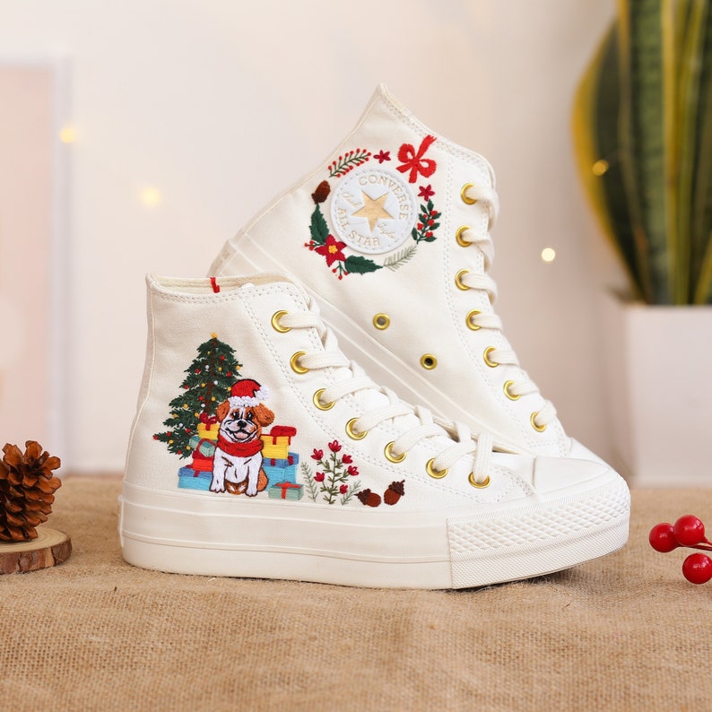 Embroidered Dog Christmas Shoes, Puppy Embroidered Converse