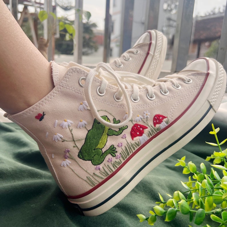 Converse High Tops Embroidered Flower, Mushrooms And Frogs