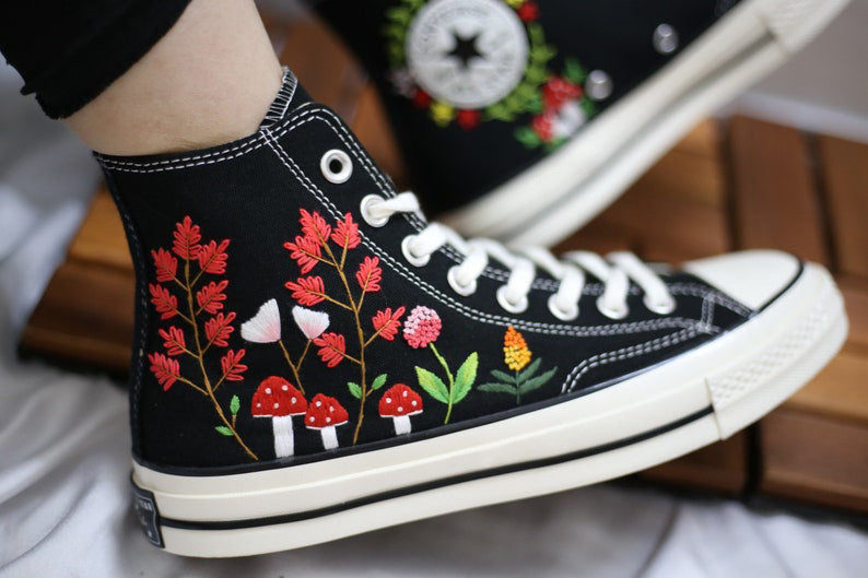 Red Wildflower Mushrooms Converse Embroidery