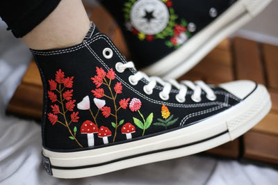 Red Wildflower Mushrooms Converse Embroidery