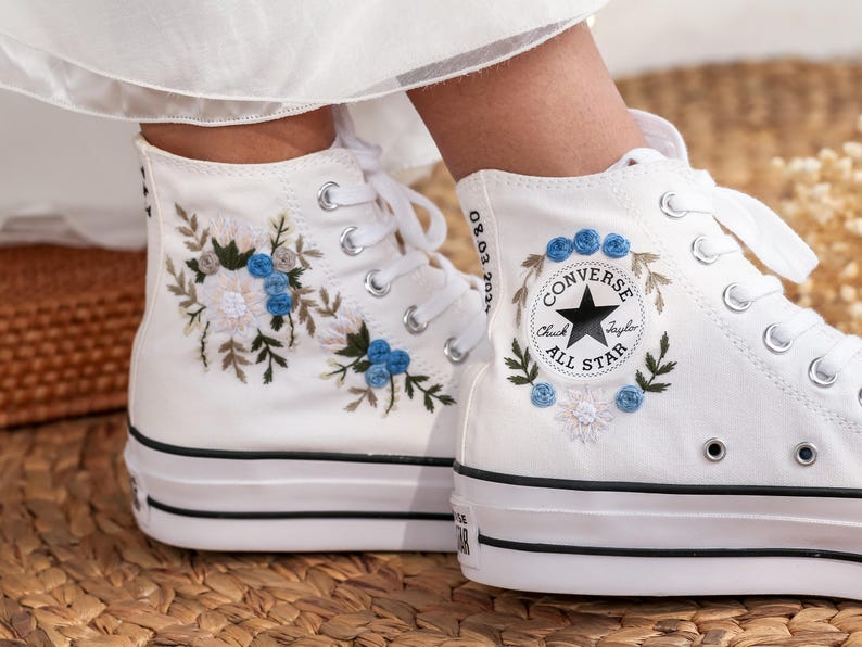 White Dahlia Wedding Converse Embroidery