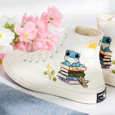 Books and Frogs Embroidered Shoes