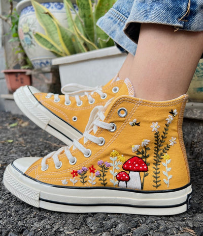 Flowers, Mushrooms And Bees Embroidery High Tops