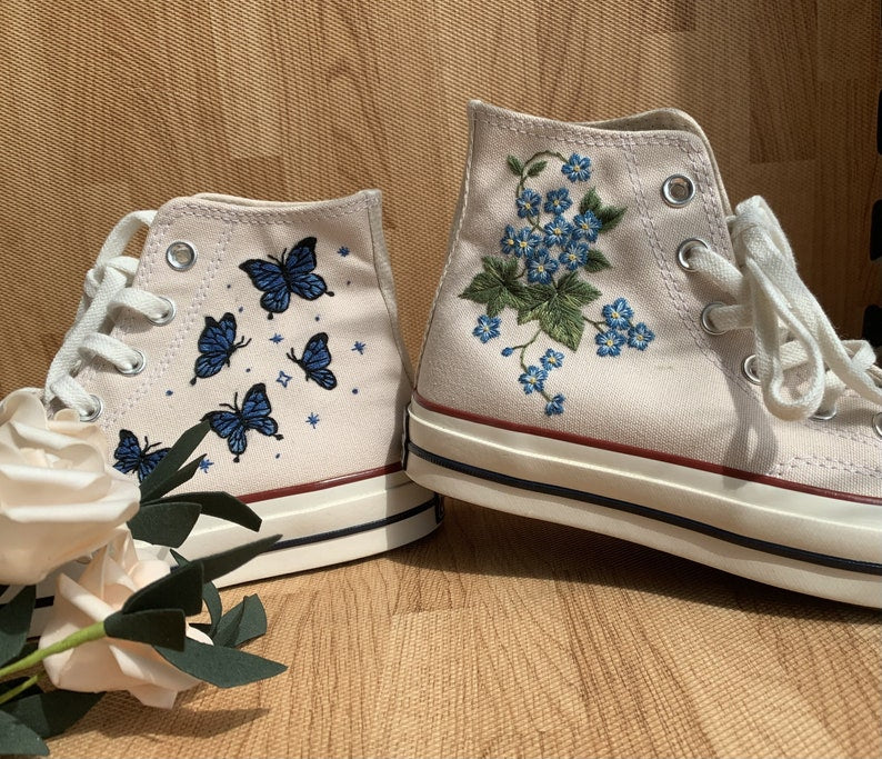 Blue Butterflies and Flowers Converse Embroidery