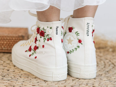 Red White Roses Wedding Converse Embroidery