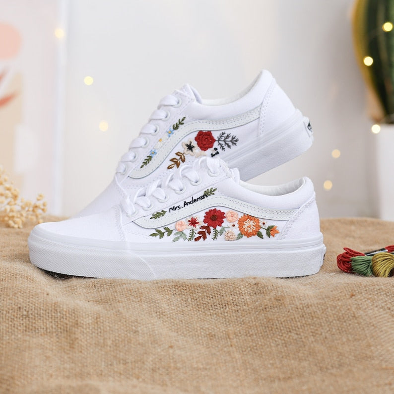 Vans Embroidered Red and Burnt Orange Flowers