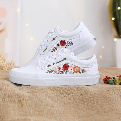 Vans Embroidered Red and Burnt Orange Flowers