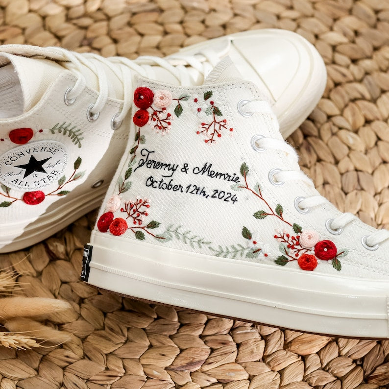 Red Rose Berry Vine Wedding Converse Embroidery