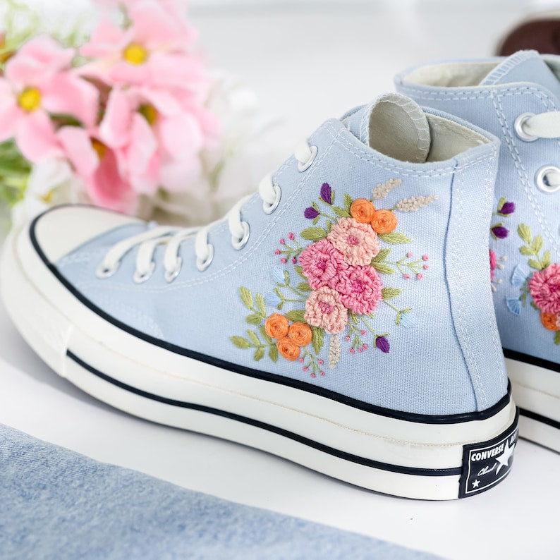 Pink Flower Embroidered Converse Shoes