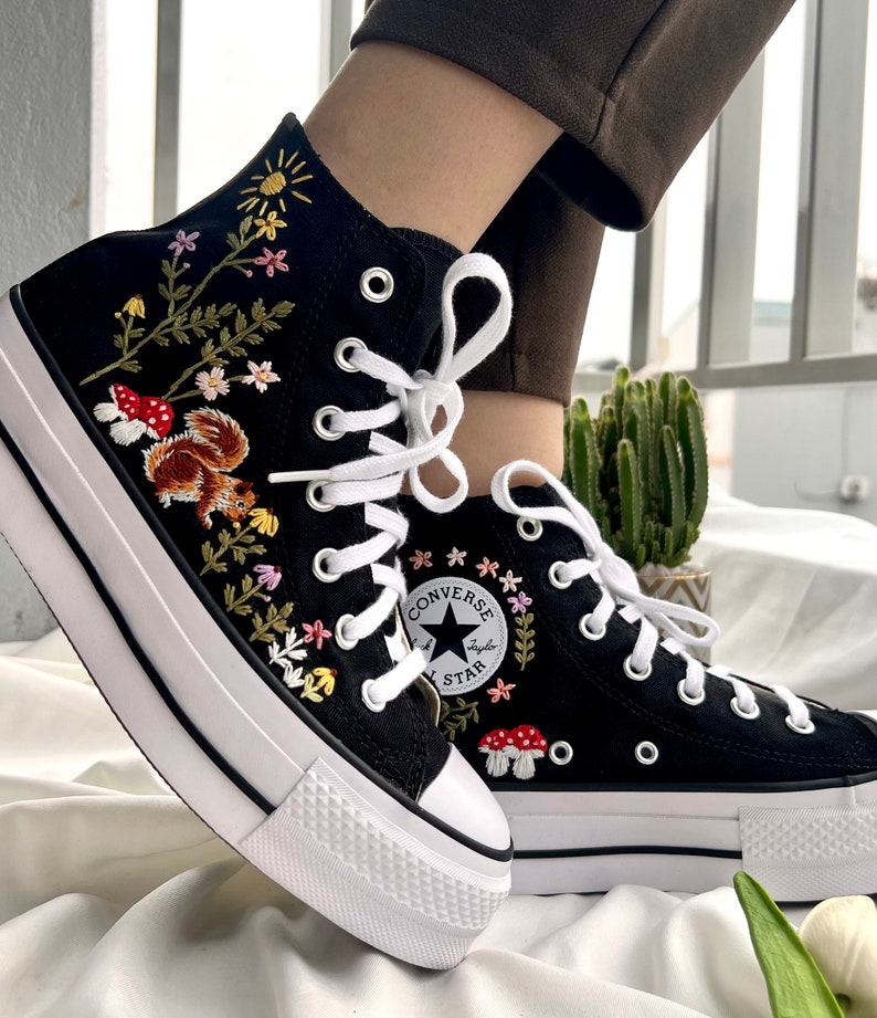 Squirrel, Mushroom, and Floral Converse Embroidery