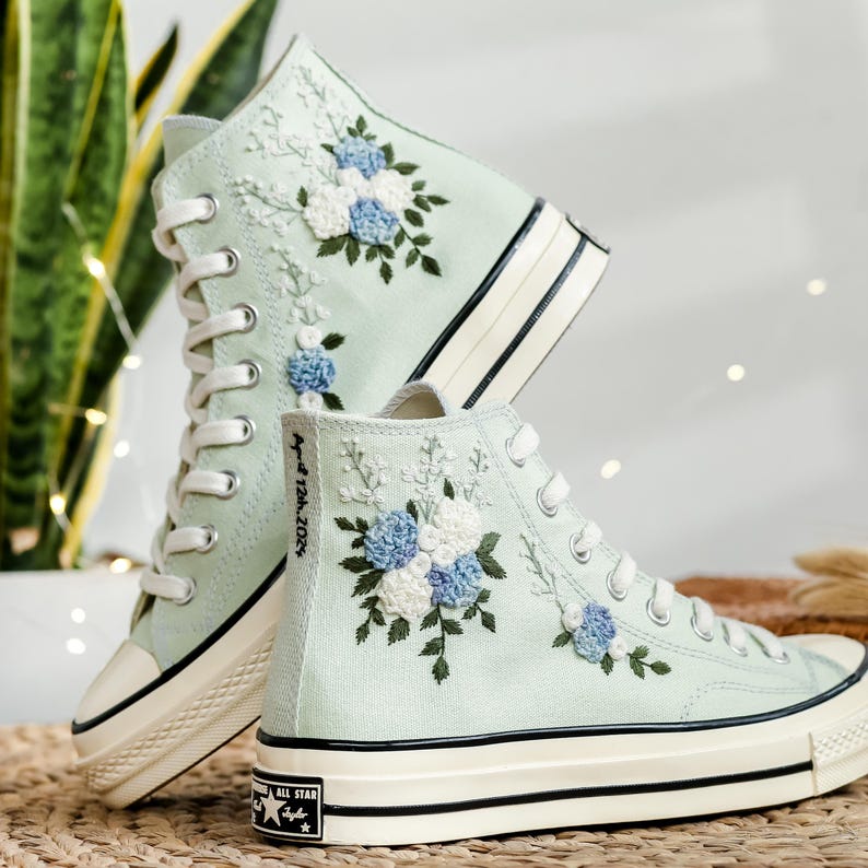Blue White Roses Wedding Converse Embroidery