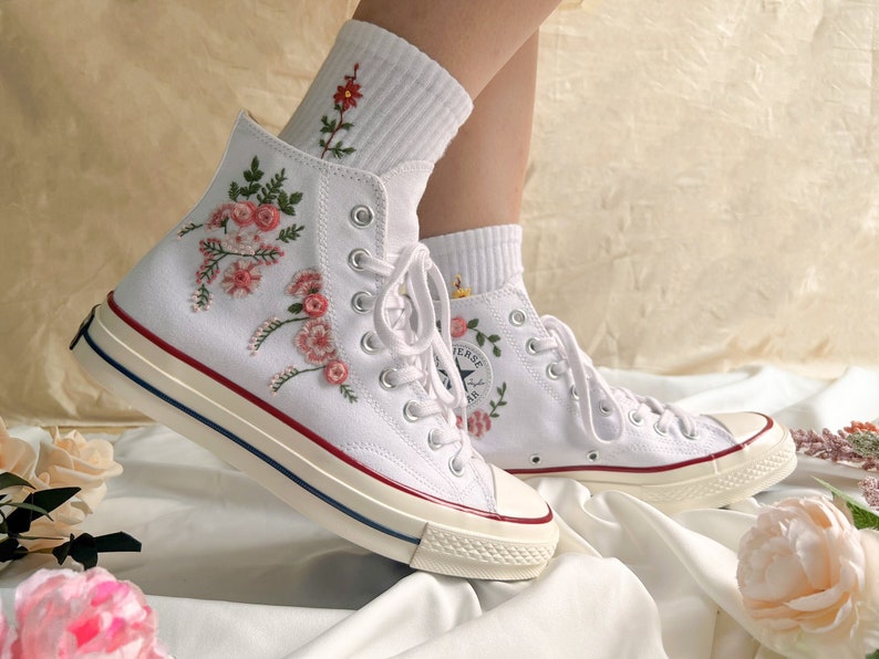 Pink Rose Garland Converse Embroidery