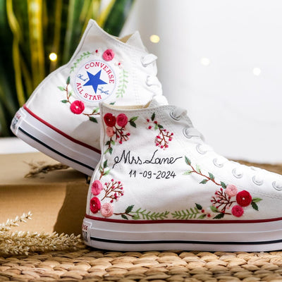 Pink Rose Berry Vine Wedding Converse Embroidery