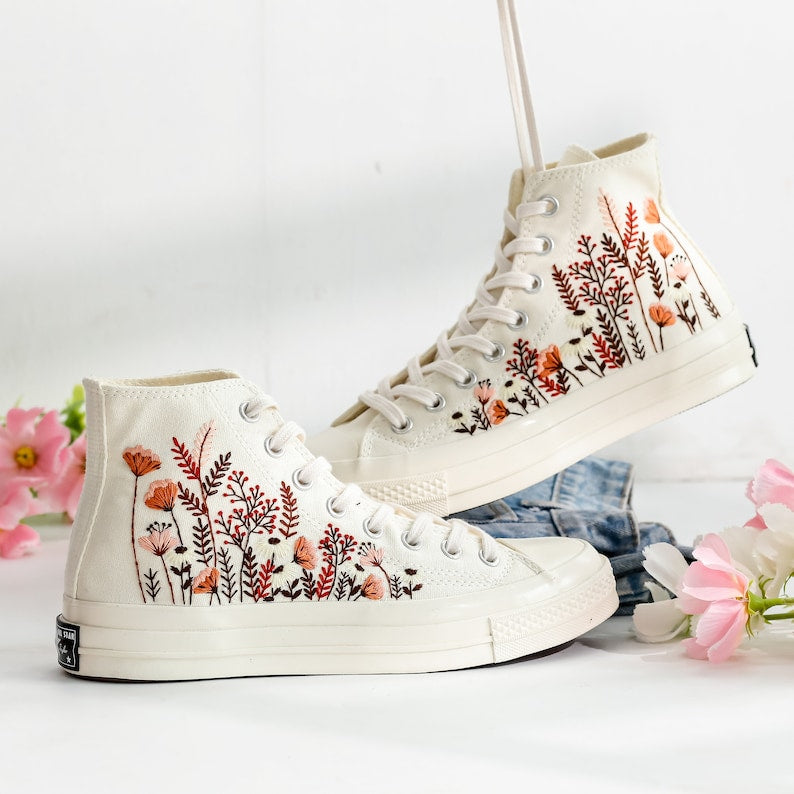 Burnt Orange Bouquet Embroidered Converse Shoes