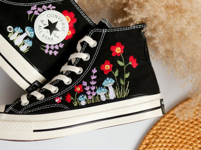 Custom Converse Embroidered Blue Mushrooms and Red Flowers High Top