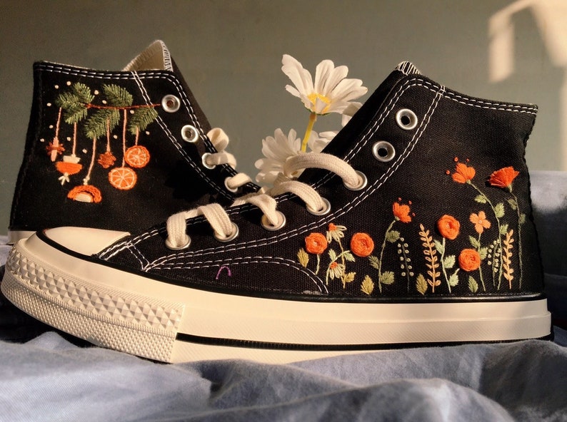 Orange Floral Garden Converse Embroidery