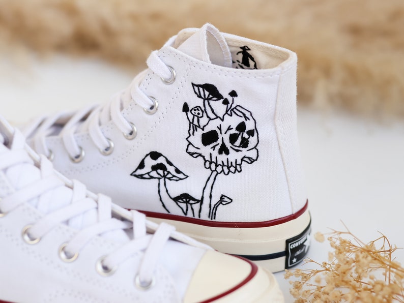 Ghost and Mushrooms Embroidered Gothic Sneaker High Tops