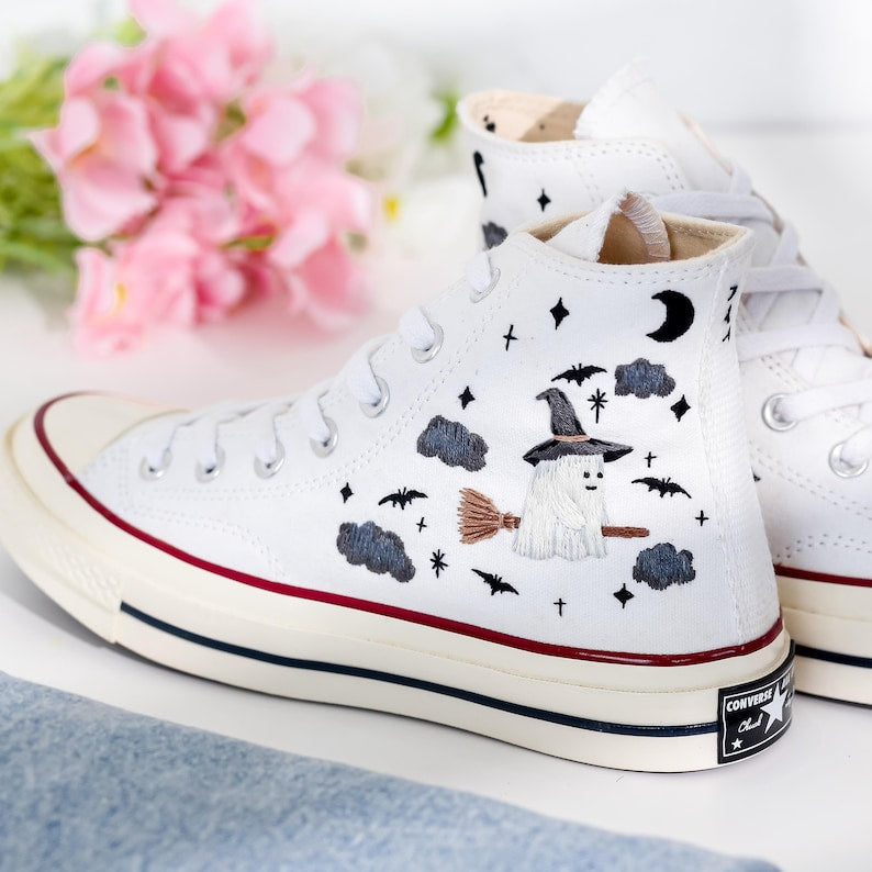 Flower and Sheep Embroidered Converse Shoes