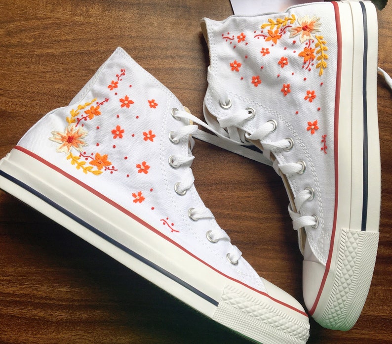 Converse Custom Orange Flower Strip Embroidery