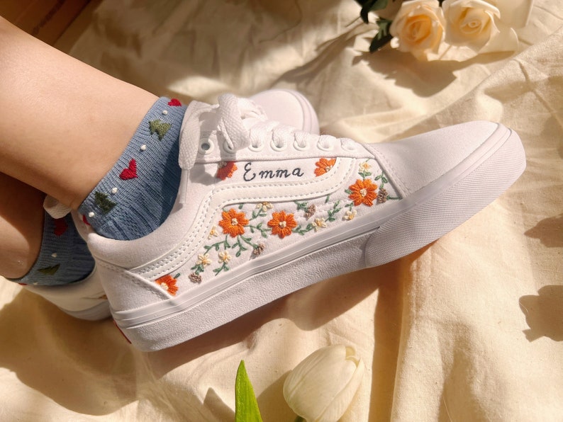 Embroidered Vans Sweet Orange Flower Garden