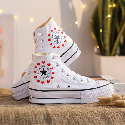 Red Hearts Line Converse Embroidery