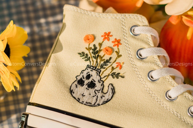 Embroidered Sneakers Witch Hat And Flowers