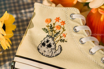 Embroidered Sneakers Witch Hat And Flowers