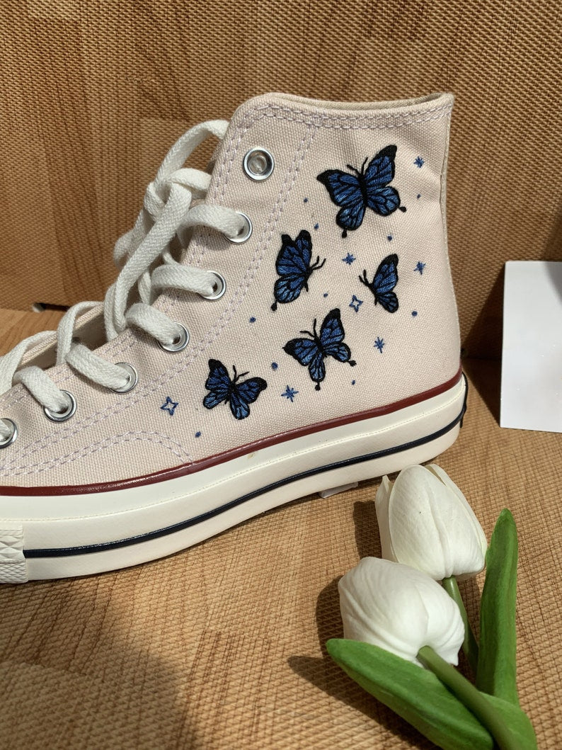 Blue Butterflies and Flowers Converse Embroidery