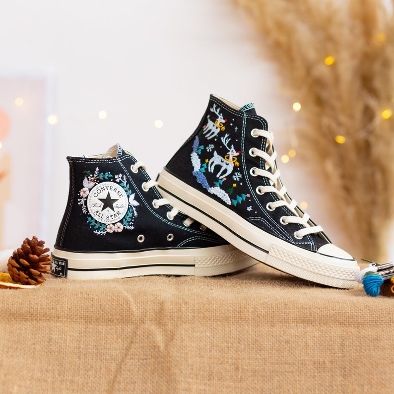 Custom Converse High Tops Embroidered Reindeer Christmas