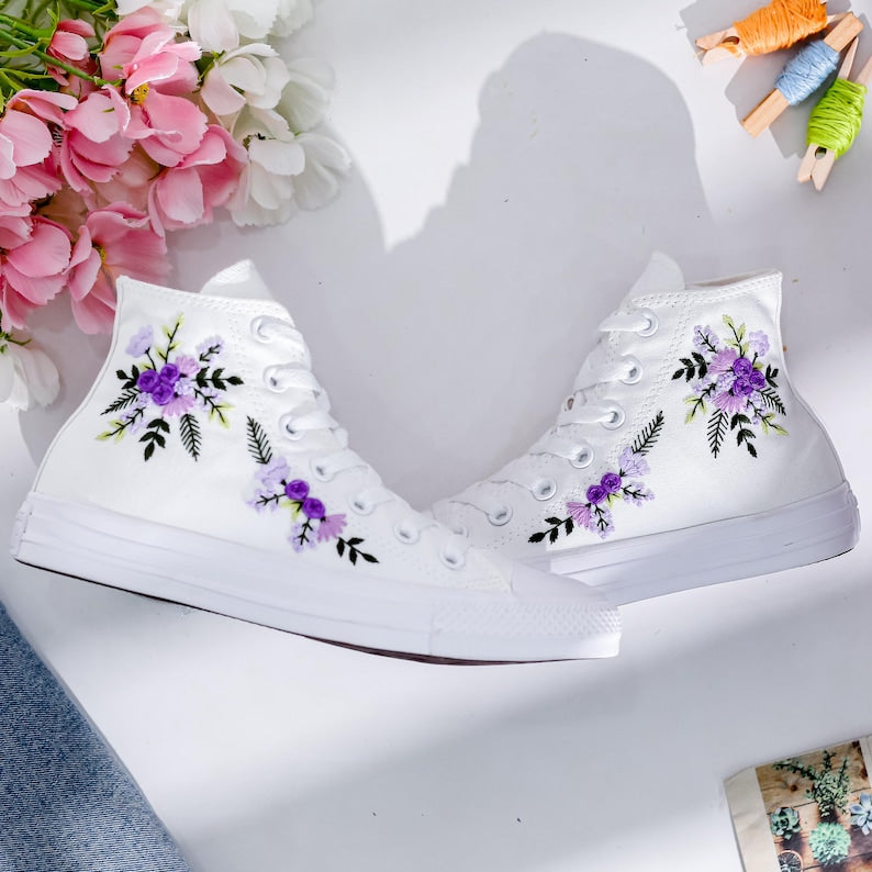 Purple Bridal Bouquet Embroidered Converse Shoes