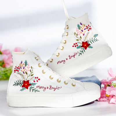 Poinsettia Flowers Embroidered Converse Shoes