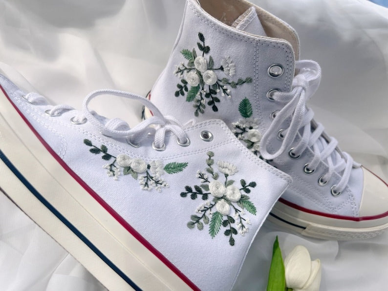 White Flower  Embroidered Converse