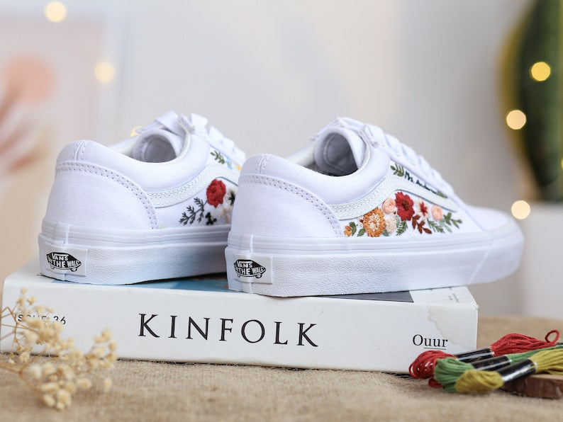 Vans Embroidered Red and Burnt Orange Flowers