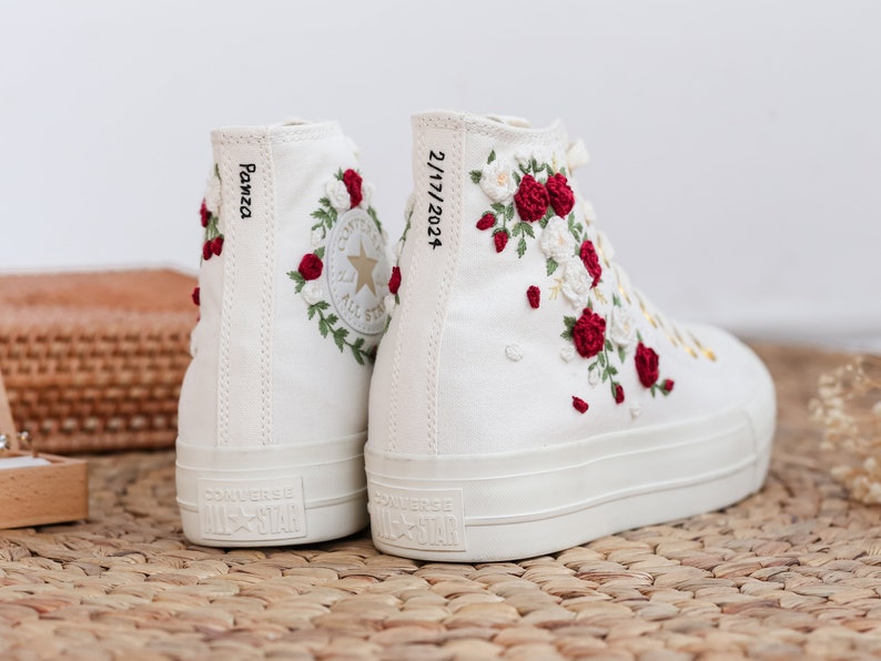 Red White Roses Wedding Converse Embroidery