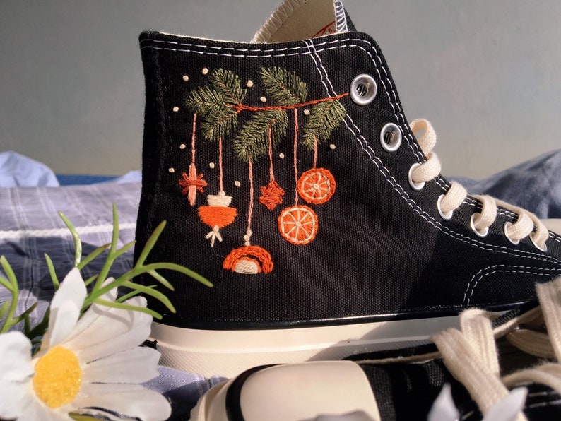 Orange Floral Garden Converse Embroidery