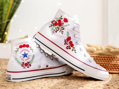 Red Rose Berry Converse Embroidery