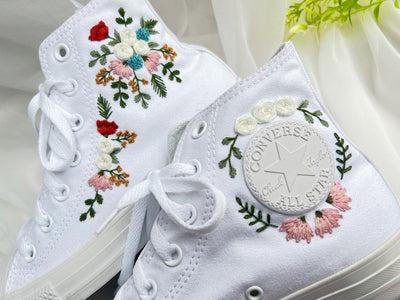 White Rose Fern Bouquet Converse Embroidery