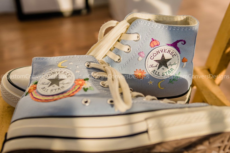 Converse High Tops Rainbow And Colorful Mushrooms Embroidered