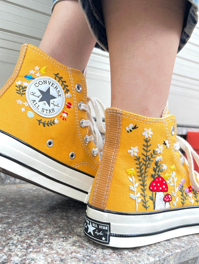 Flowers, Mushrooms And Bees Embroidery High Tops