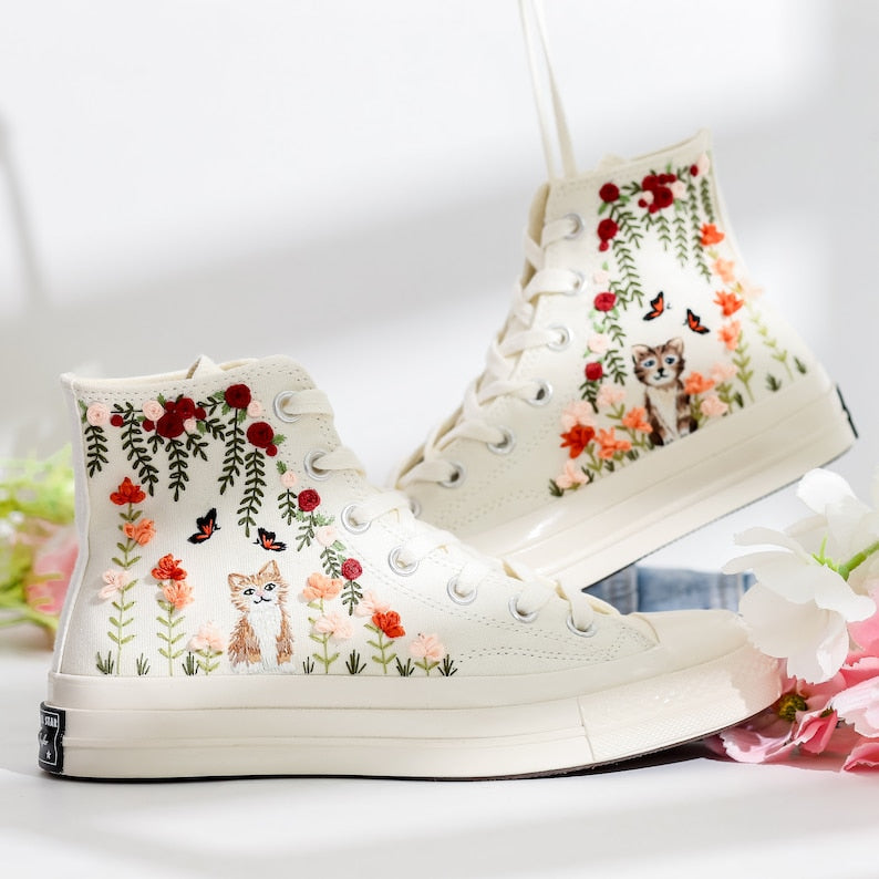 Wedding Flowers and Cat Embroidered Converse Shoes