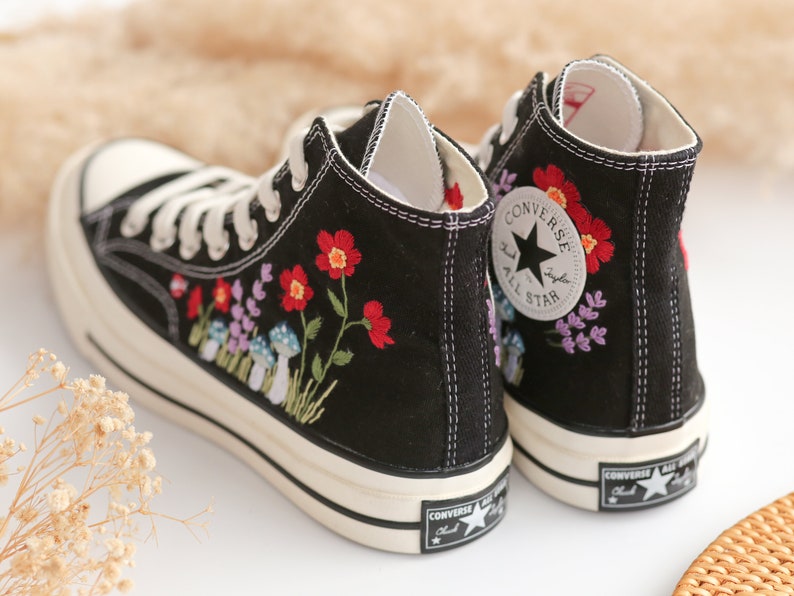 Custom Converse Embroidered Blue Mushrooms and Red Flowers High Top