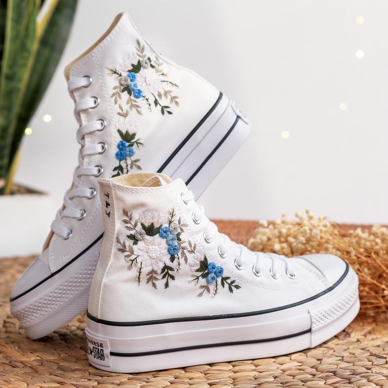 White Dahlia Wedding Converse Embroidery